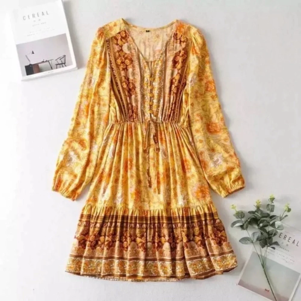 SOLD OUT Boho Golden Floral Long Sleeve Gypsy Dress - Picture 3 of 10